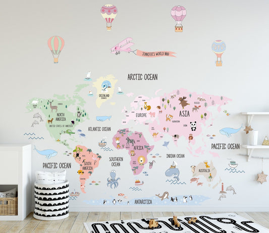 Mapa mundi infantil Niña Rosado animales, avion y globos