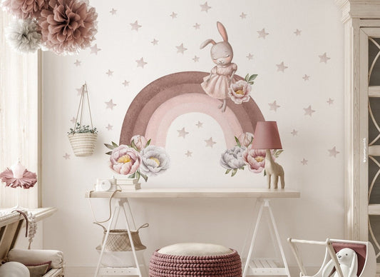 Vinilos decorativos Adhesivos infantiles de Pared arco iris pastel con coneja niña (0023)
