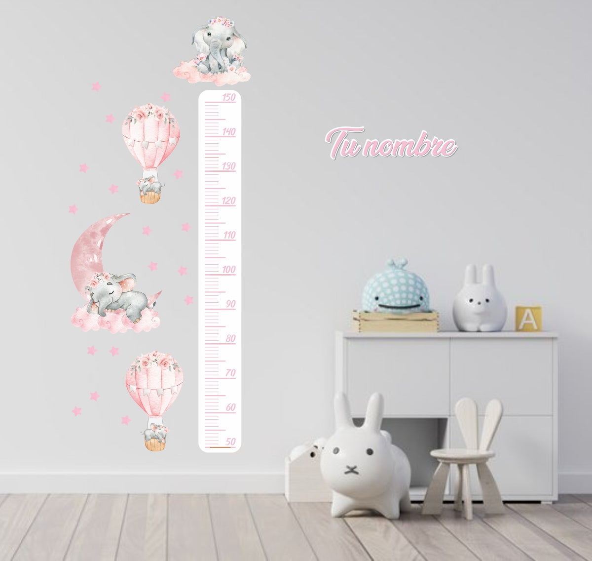 Medidor de altura infantil celefantes rosados niña
