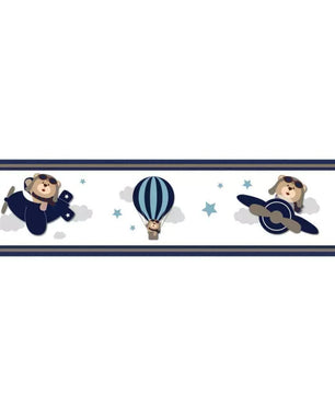 Cenefa infantil adhesiva Oso aviador azul