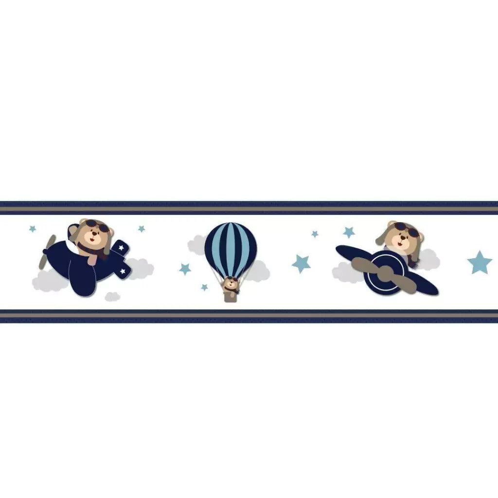 Cenefa infantil adhesiva Oso aviador azul