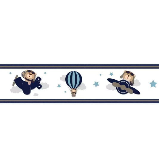 Cenefa infantil adhesiva Oso aviador azul
