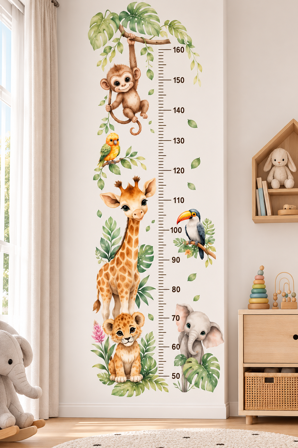 Medidor de altura infantil  animales de la selva con leanas acuarelados