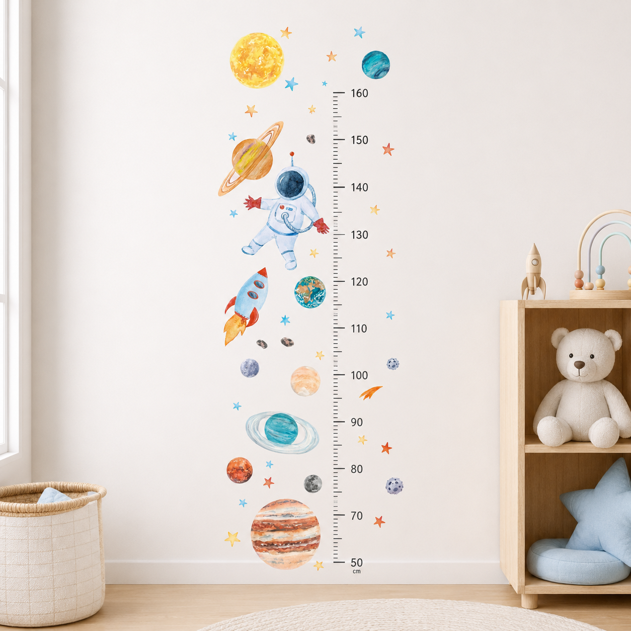 Medidor de altura infantil astronautas con sistema solar