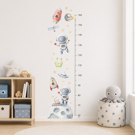 Medidor de altura infantil astronautas acuareas con planetas y extraterrestre