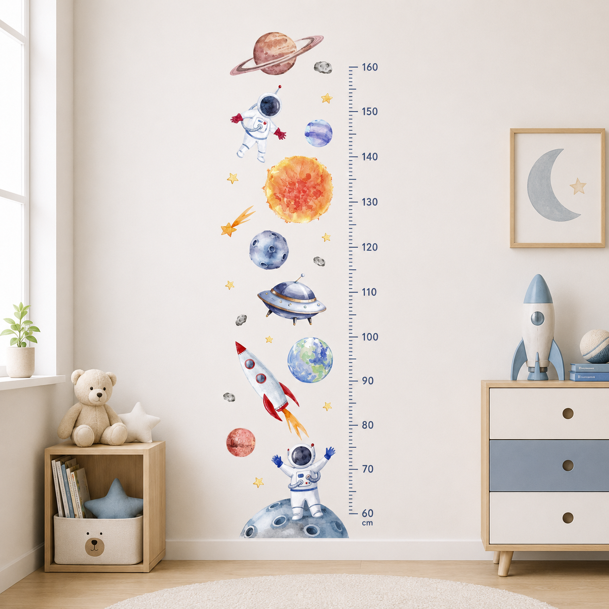 Medidor de altura infantil sol con cohete y astronautas