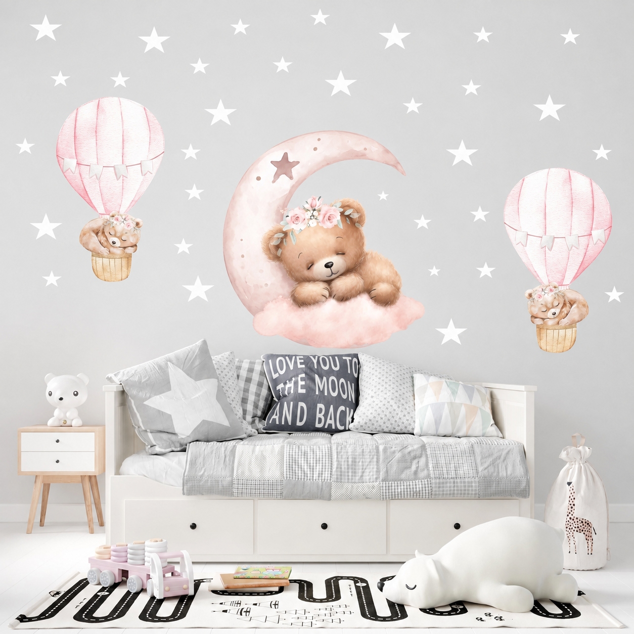 Vinilos decorativos Adhesivos infantiles de Pared de ositas dormilona con luna y globos aerostaticos