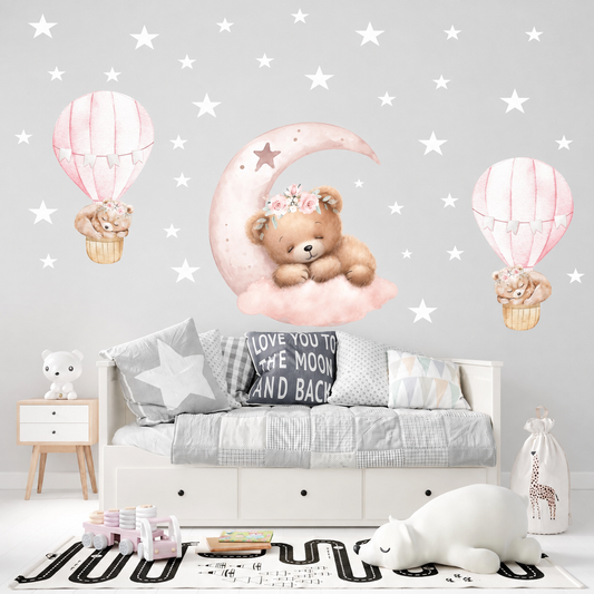 Vinilos decorativos Adhesivos infantiles de Pared de ositas dormilona con luna y globos aerostaticos