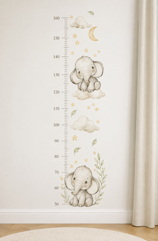 Medidor de altura infantil Elefantico gris en nubes