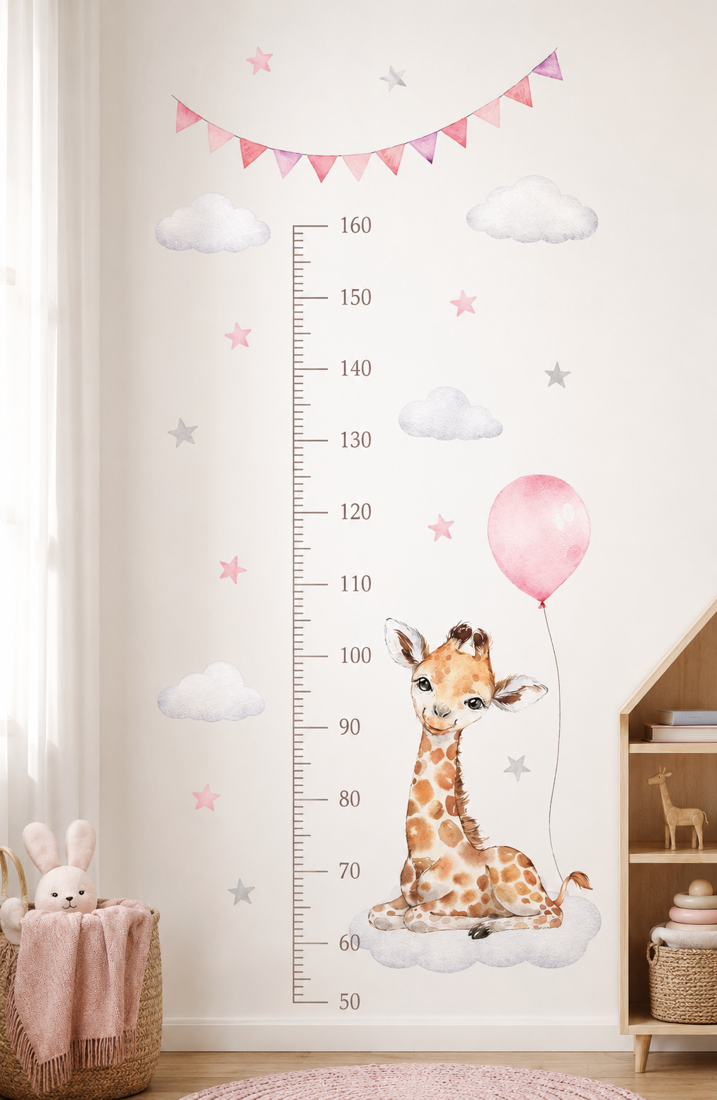 Medidor de altura infantil de jirafa rosada