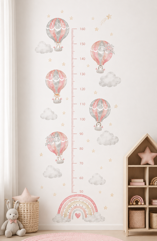 Medidor de altura infantil animales arcoiris rosados con globos aerostaticos