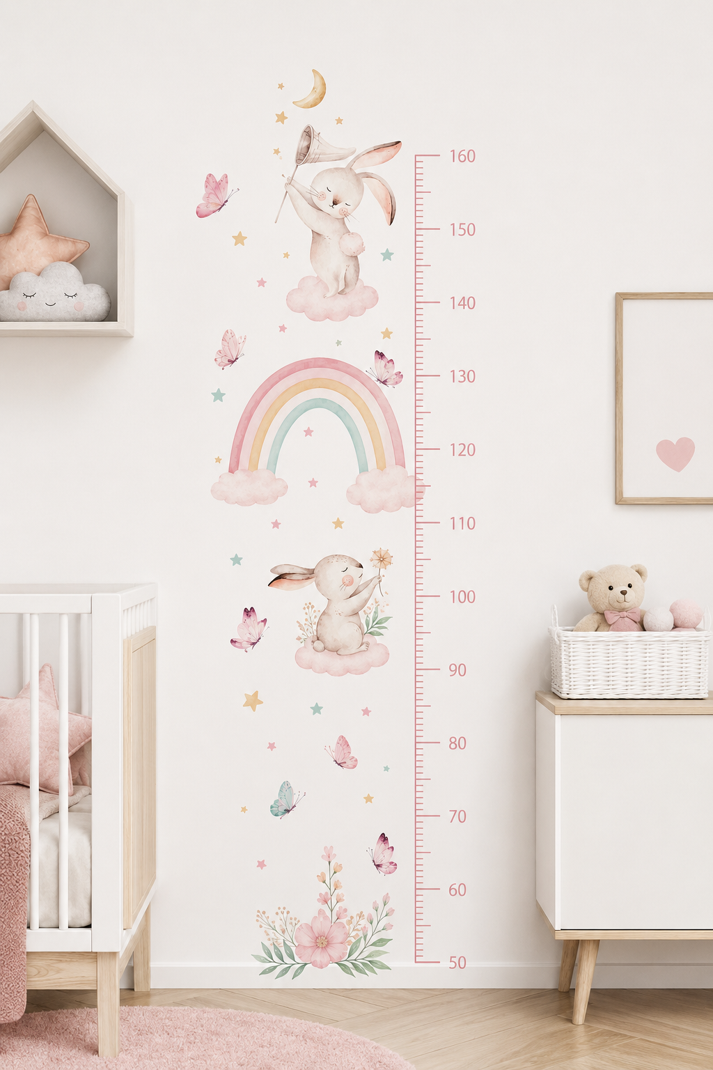Medidor de altura infantil animales arcoiris rosados con conejos