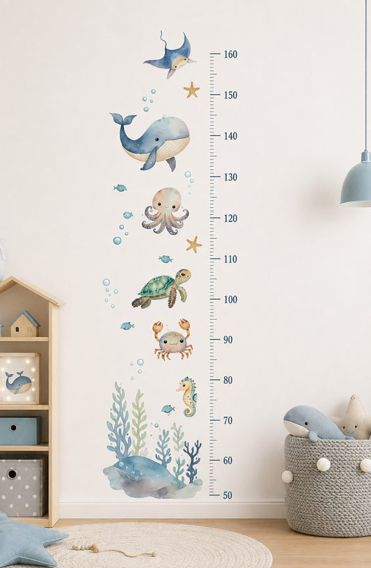 Medidor de altura infantil animales del mar acuarela azul