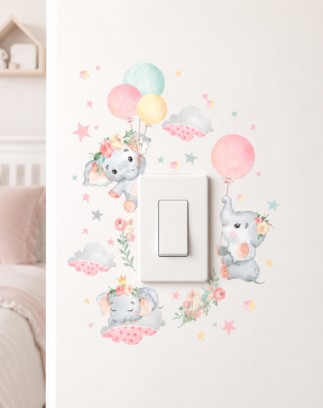 vinilo para apagadores elefante rosado con globos
