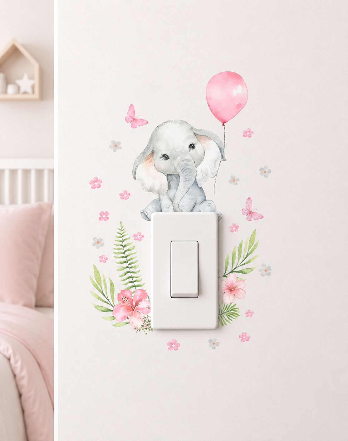 vinilo para apagadores elefante rosado con globos y mariposas