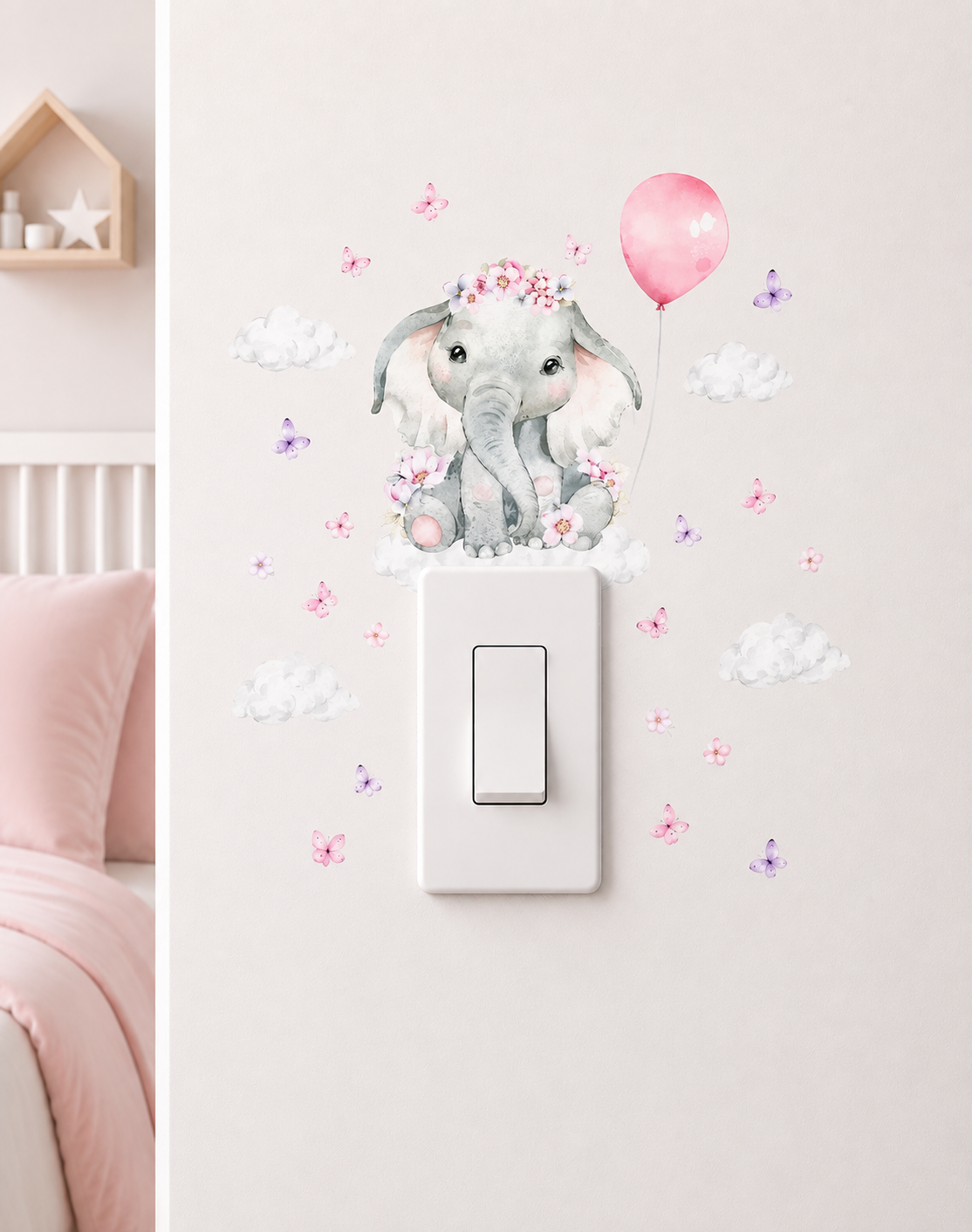 vinilo para apagadores elefante rosado con globos nubes y mariposas