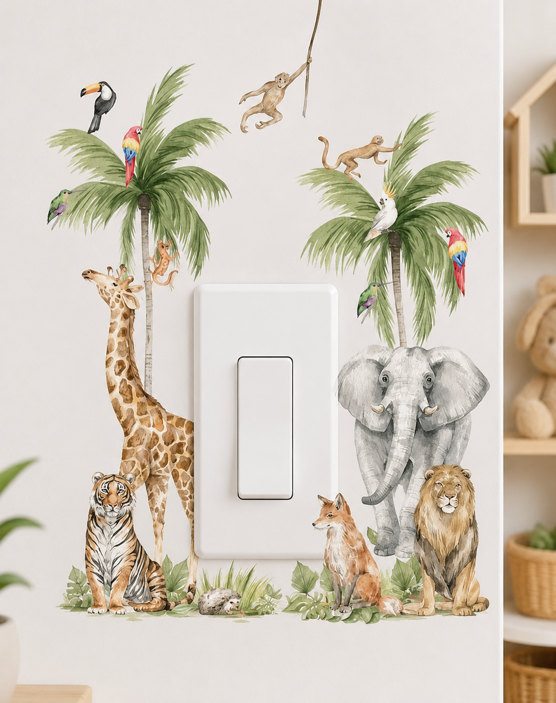 vinilo para apagadores animales de la jungla con palmeras