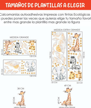 Vinilos decorativos Adhesivos infantiles de Pared bebé, León, elefante, cebra, jirafa con nubes y estrellas (0028)