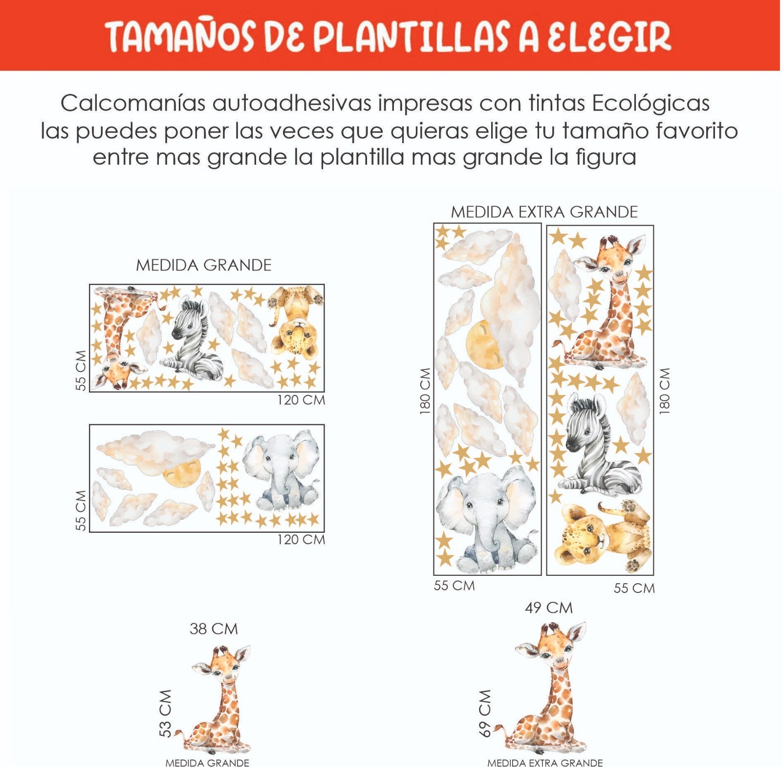 Vinilos decorativos Adhesivos infantiles de Pared bebé, León, elefante, cebra, jirafa con nubes y estrellas (0028)