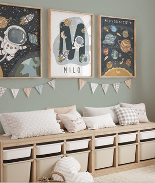 Cuadros Decorativos infantiles Modernos Astronautas sistema solar con nombre