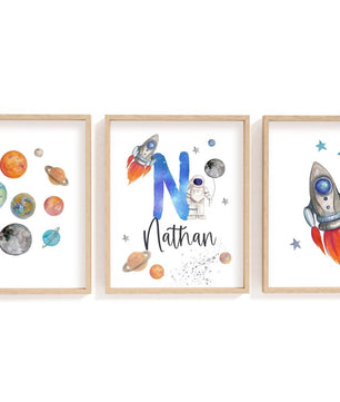 Cuadros Decorativos infantiles Modernos Astronautas cohete, planetas y nombre