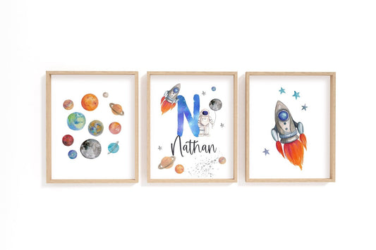Cuadros Decorativos infantiles Modernos Astronautas cohete, planetas y nombre