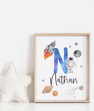 Cuadros Decorativos infantiles Modernos Astronautas cohete, planetas y nombre