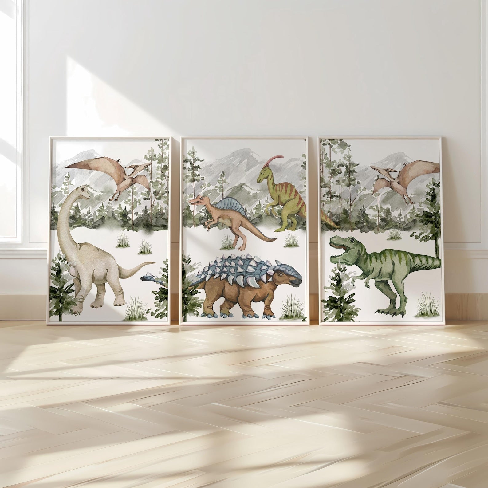 Cuadros Decorativos infantiles Modernos Dinosaurios acuarelas habitad