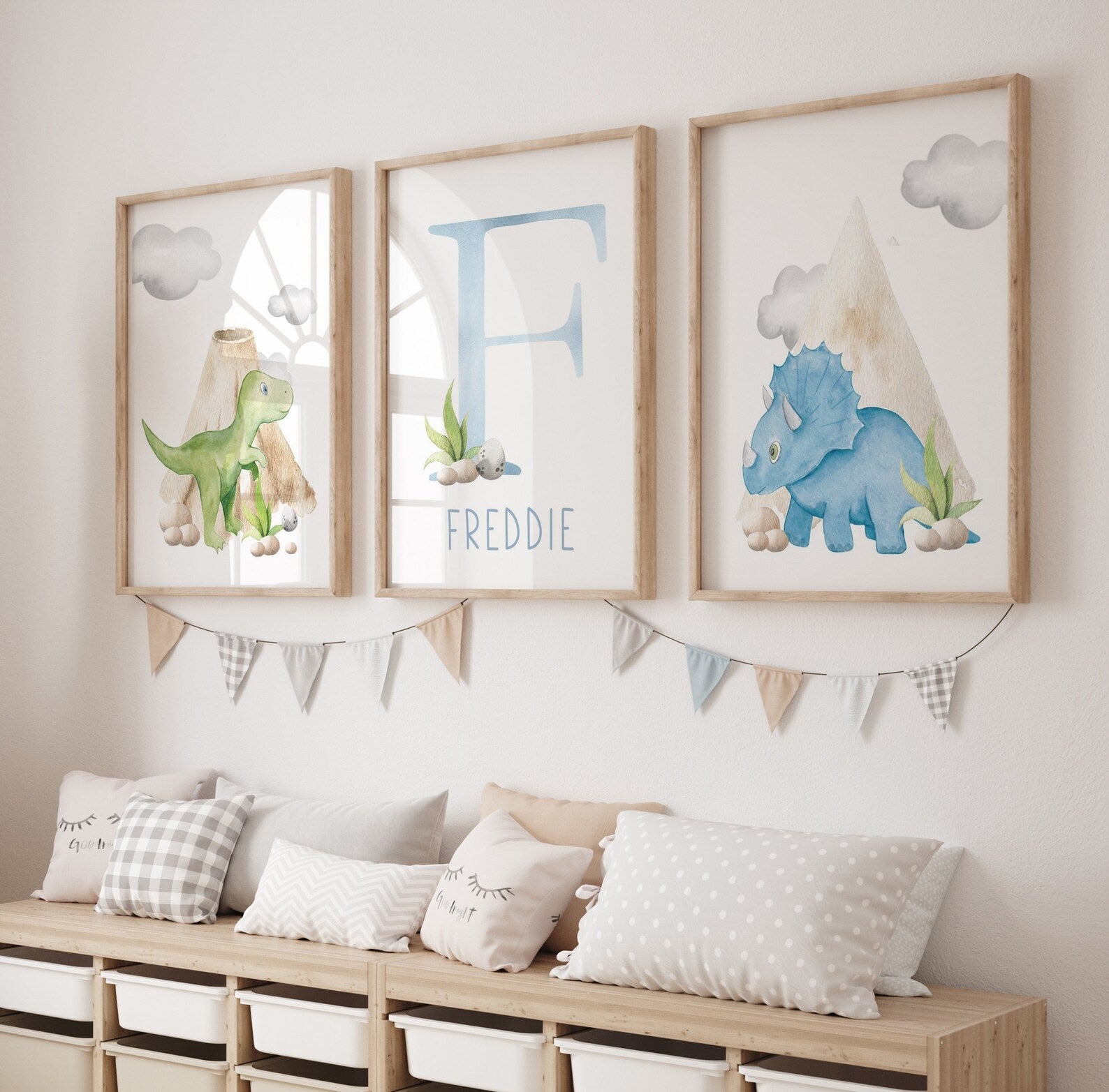 Cuadros Decorativos infantiles Modernos Dinosaurios acuarela con nombre