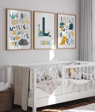 Cuadros Decorativos infantiles Modernos Dinosaurios Numeros y abcedario y nombre