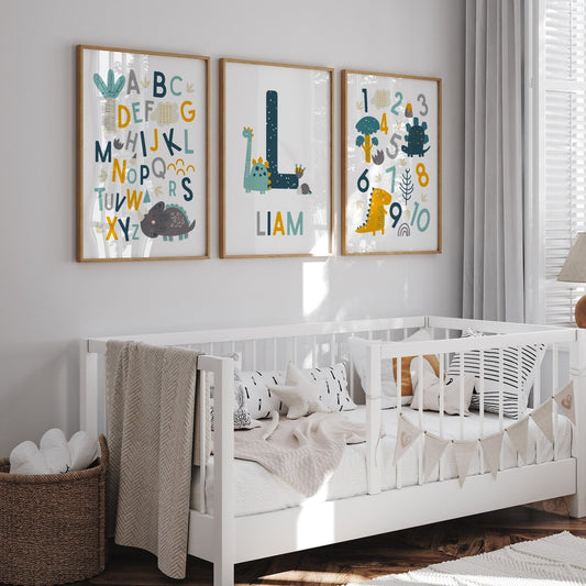 Cuadros Decorativos infantiles Modernos Dinosaurios Numeros y abcedario y nombre