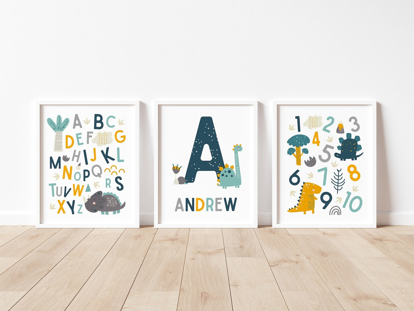 Cuadros Decorativos infantiles Modernos Dinosaurios Numeros y abcedario y nombre