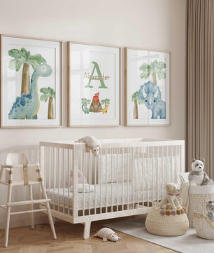Cuadros Decorativos infantiles Modernos Dinosaurios en acuarela con nombre