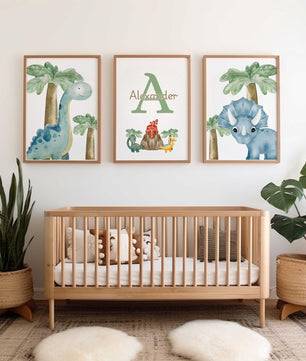 Cuadros Decorativos infantiles Modernos Dinosaurios en acuarela con nombre