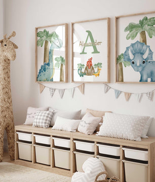 Cuadros Decorativos infantiles Modernos Dinosaurios en acuarela con nombre