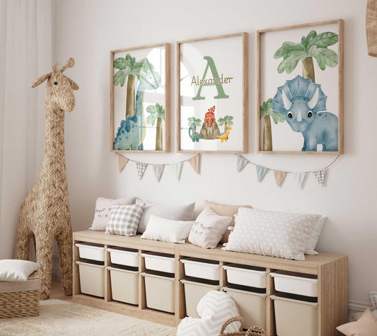 Cuadros Decorativos infantiles Modernos Dinosaurios en acuarela con nombre