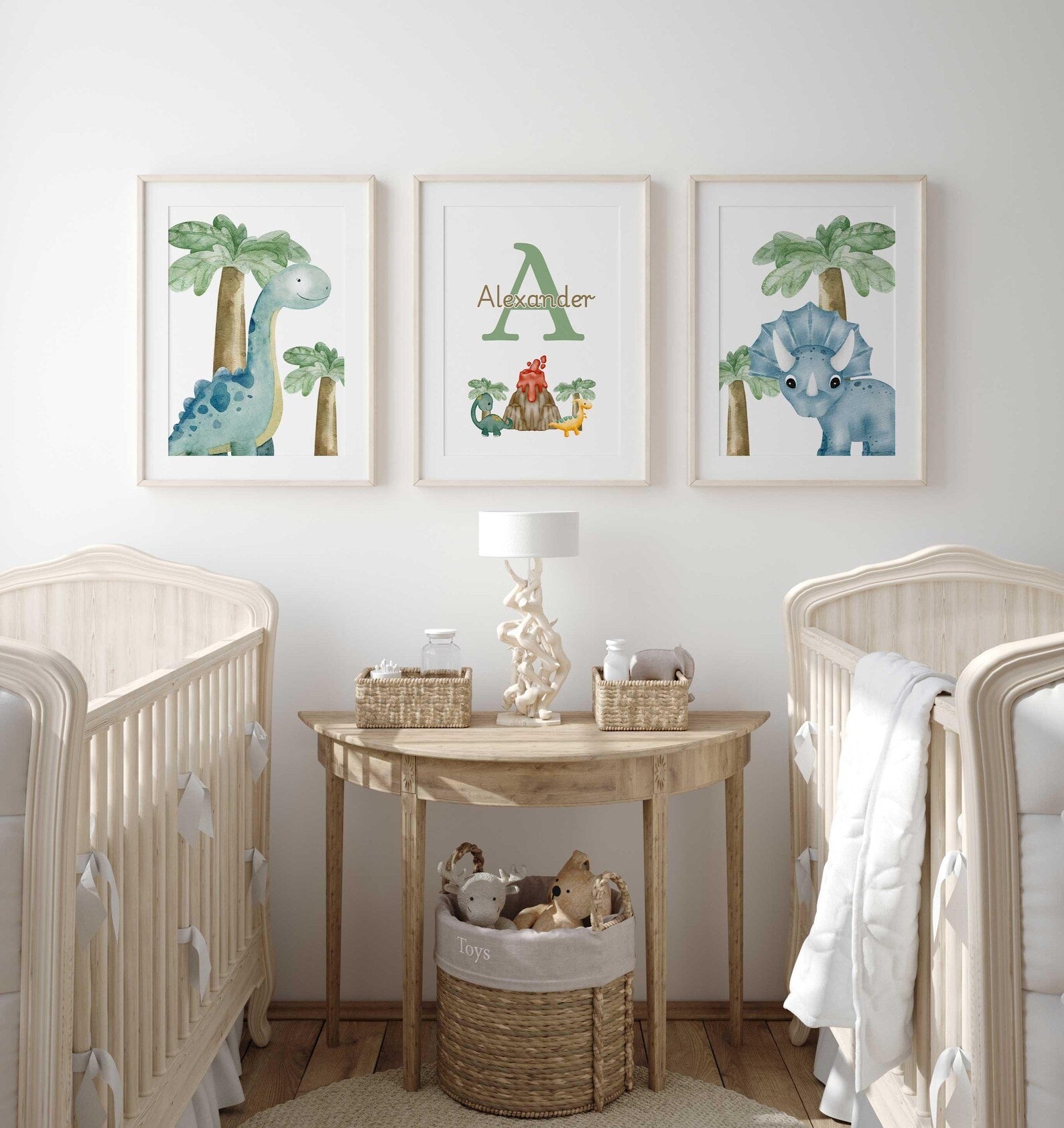 Cuadros Decorativos infantiles Modernos Dinosaurios en acuarela con nombre