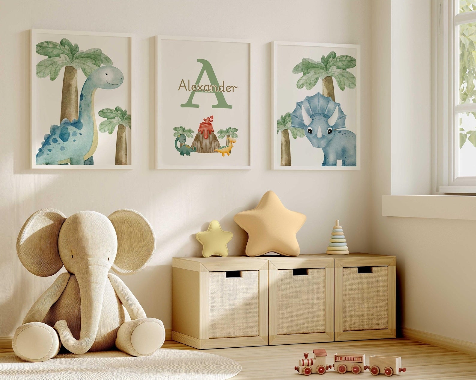 Cuadros Decorativos infantiles Modernos Dinosaurios en acuarela con nombre