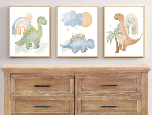 Cuadros Decorativos infantiles Modernos Dinosaurios coloridos en acuaela con nombre