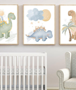 Cuadros Decorativos infantiles Modernos Dinosaurios coloridos en acuaela con nombre