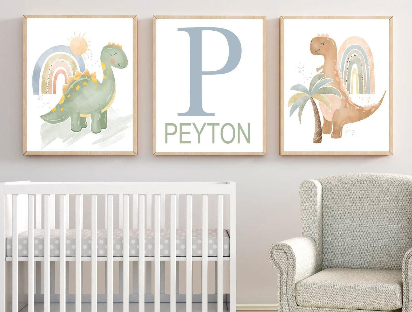 Cuadros Decorativos infantiles Modernos Dinosaurios coloridos en acuaela con nombre