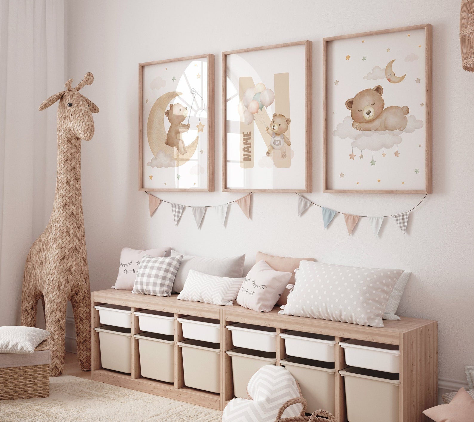 Cuadros Decorativos infantiles Modernos osos en luna y nube con nombre