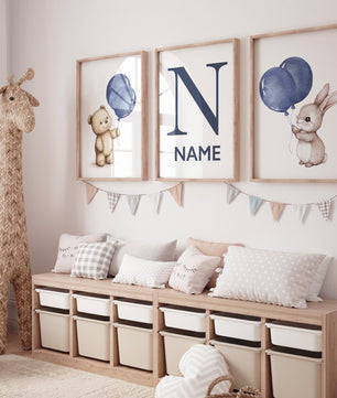 Cuadros Decorativos infantiles Modernos osos y conejo con globo azul