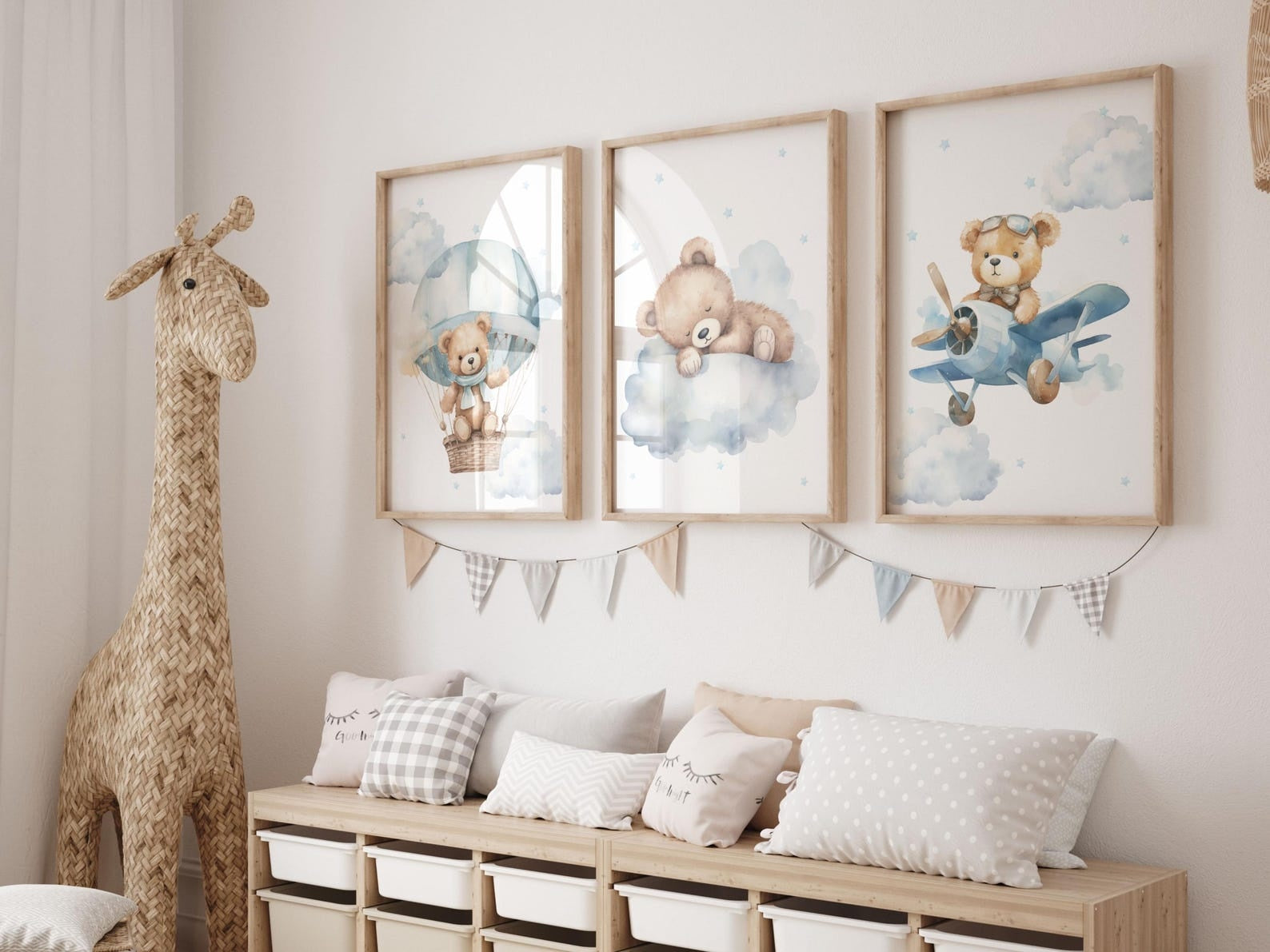 Cuadros Decorativos infantiles Modernos osos aviador en nube y globo