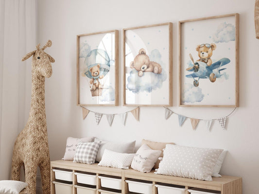 Cuadros Decorativos infantiles Modernos osos aviador en nube y globo