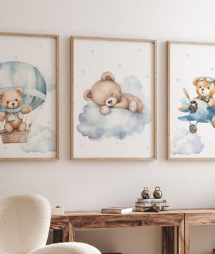 Cuadros Decorativos infantiles Modernos osos aviador en nube y globo