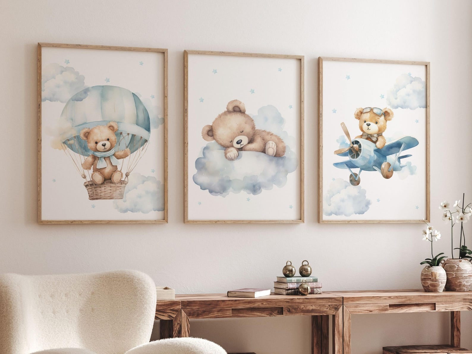 Cuadros Decorativos infantiles Modernos osos aviador en nube y globo