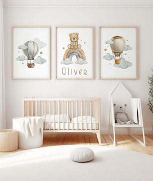 Cuadros Decorativos infantiles Modernos osos, arcoiris y globos con nombre