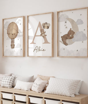 Cuadros Decorativos infantiles Modernos osos con globo aerostatico, luna y nombre