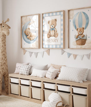 Cuadros Decorativos infantiles Modernos osos teddy Globo aerostatico, luna y nombre